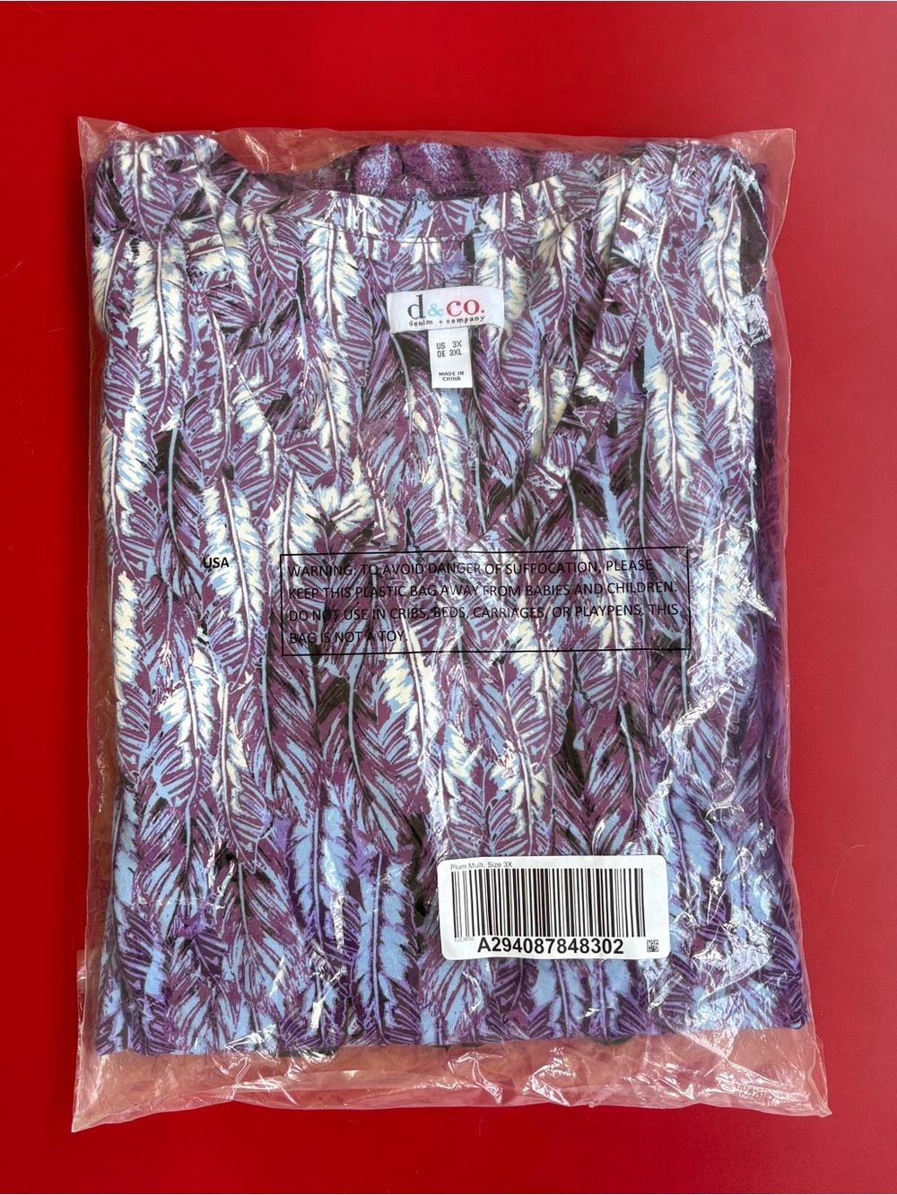 NWT d&co. Denim & Co. 3X Plum Feather Print Knit Top Plus Size V-Neck